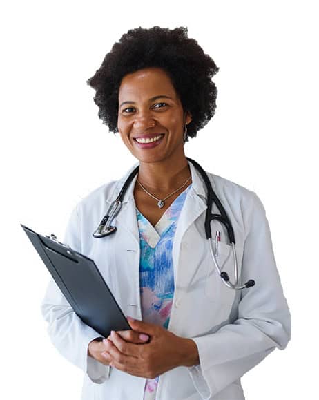 An african american primary care physician smiling at the camera.